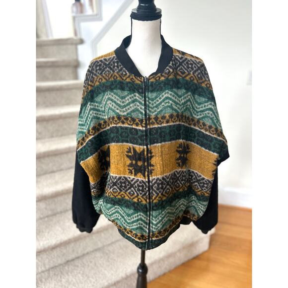 Source Unknown Other - Vintage Western Indigenous Black Green Mustard Bomber Jacket
